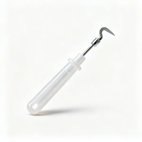 A deburring tool with a plastic handle and a small swivelling hooked steel blade