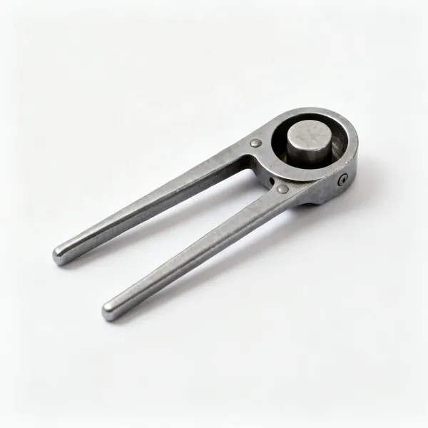 A die stock holder with two long handles and a circular recess holding a round die