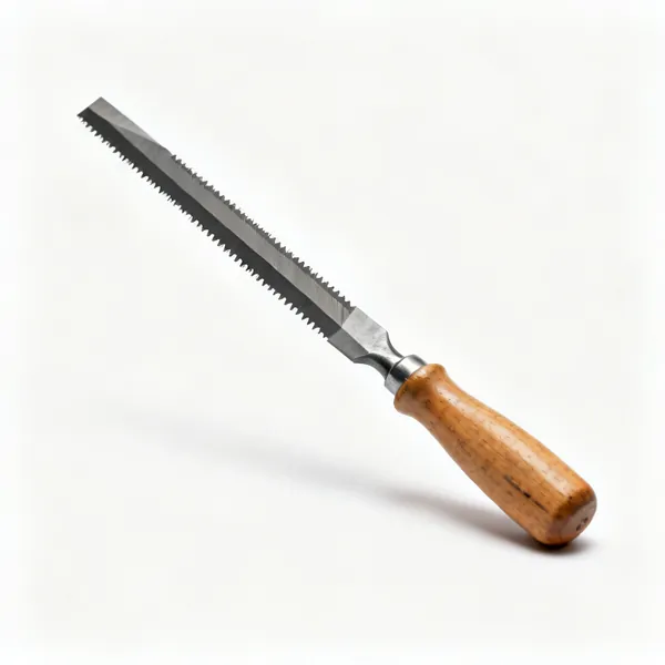 Flat file: A flat engineers file with a wooden handle, showing the parallel toothed faces