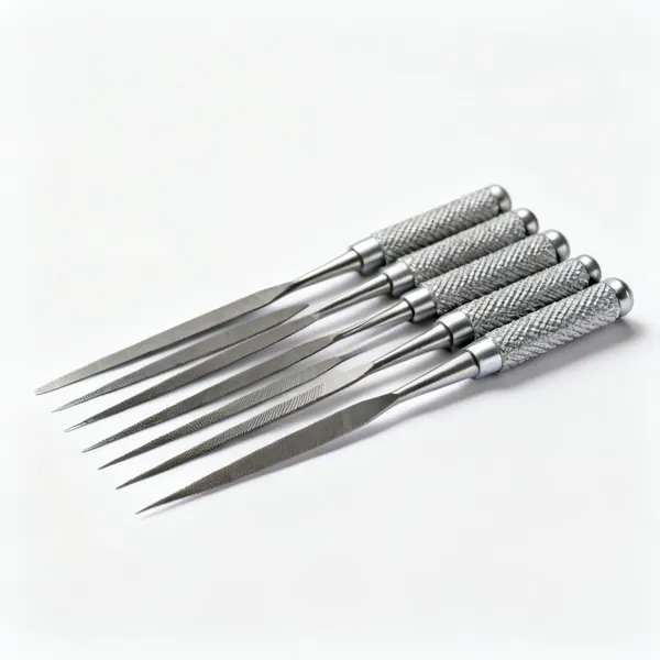 A set of needle files in assorted shapes with knurled handles fanned out in a row