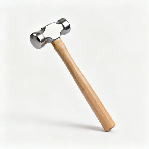 A planishing hammer with a polished slightly domed steel face and a slim wooden handle