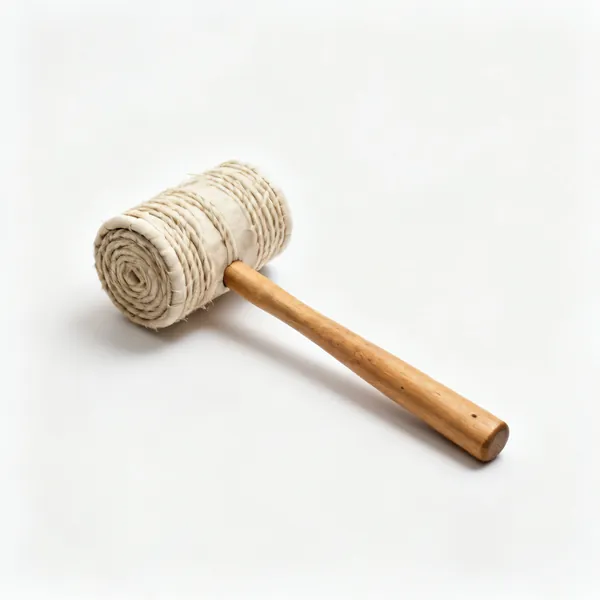 A rawhide mallet with a coiled hide cylindrical head and a wooden handle