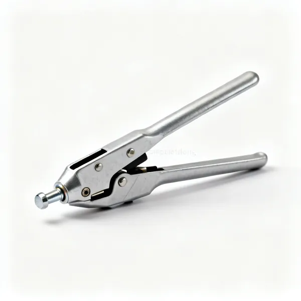 Hand riveter: A hand pop rivet gun with two long handles, a nosepiece and a rivet fitted