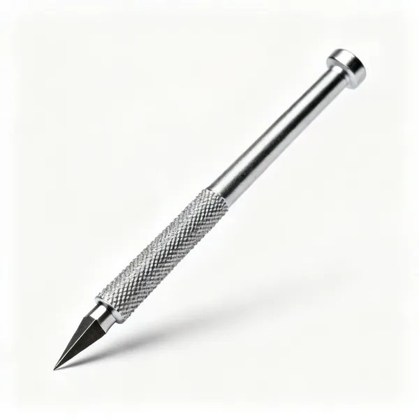 An engineers scriber with a knurled metal body and a very sharp hardened steel point