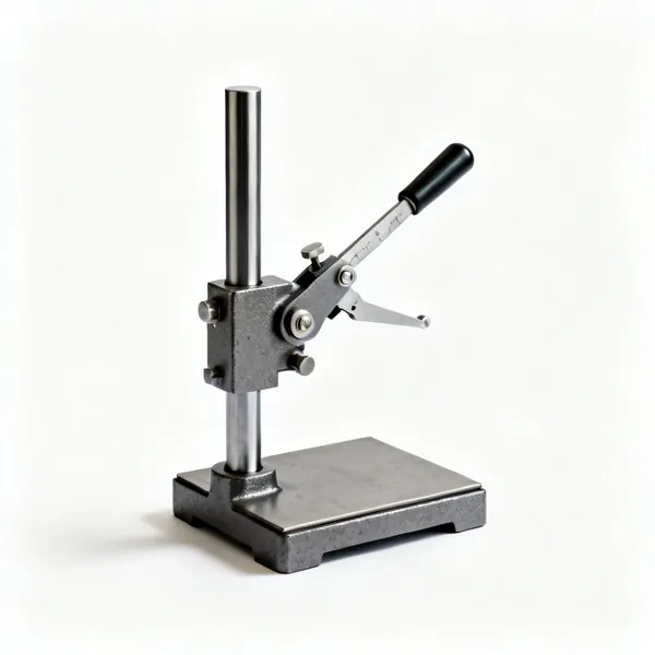 A surface gauge with a heavy cast steel base, upright post and adjustable scriber arm
