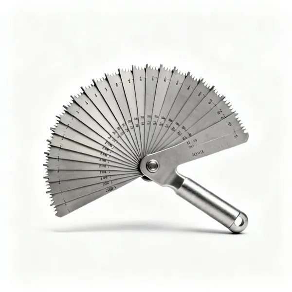 A thread pitch gauge, a fan of thin steel leaves with toothed edges and pitch markings