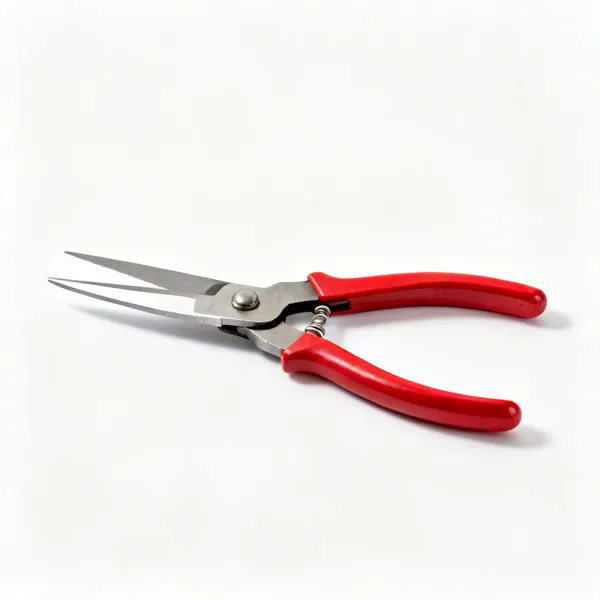 A pair of straight tin snips with long steel cutting blades and red handles