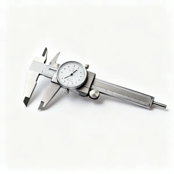 A stainless steel vernier caliper with a dial, outside jaws, inside jaws and depth rod