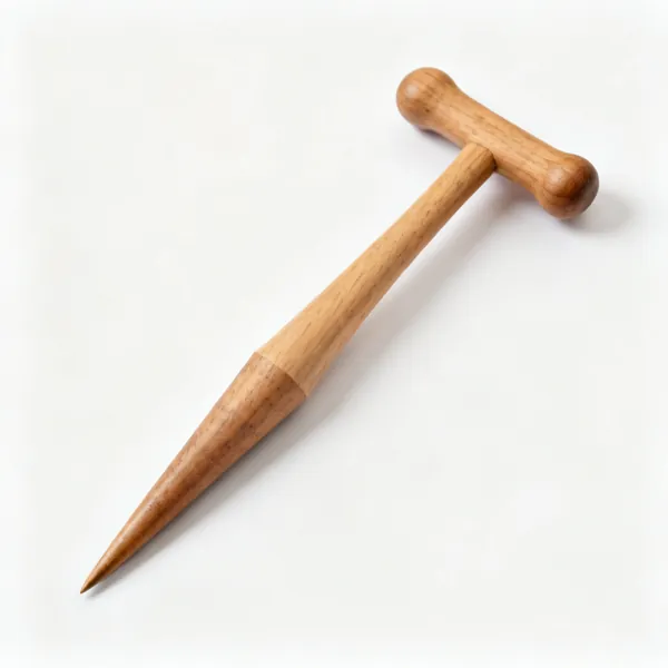 A wooden dibber, a tapered pointed hardwood tool with a rounded T handle