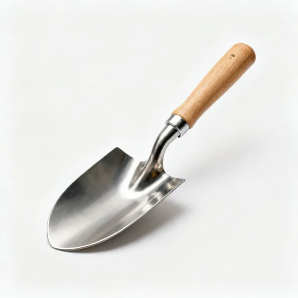 A stainless steel garden trowel with a scooped blade and a wooden handle