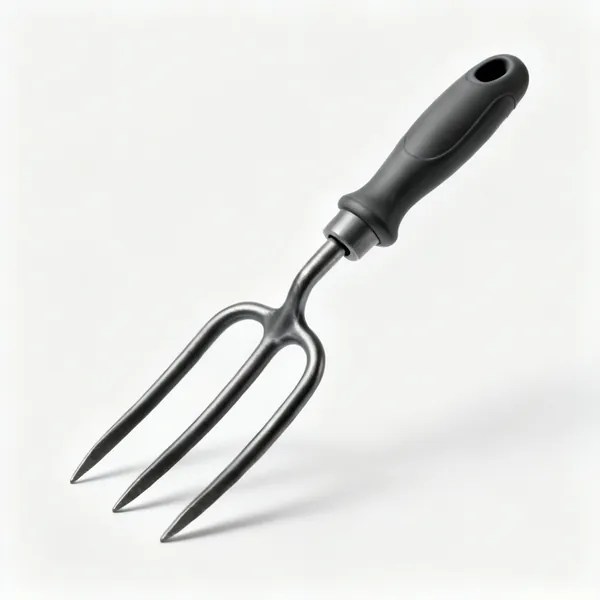 A three prong hand cultivator with curved claw tines and a moulded handle