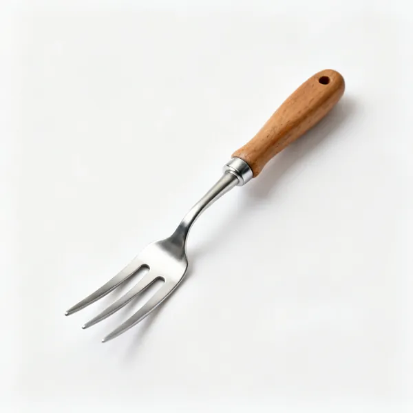 A stainless steel hand fork with three short tines and a wooden handle