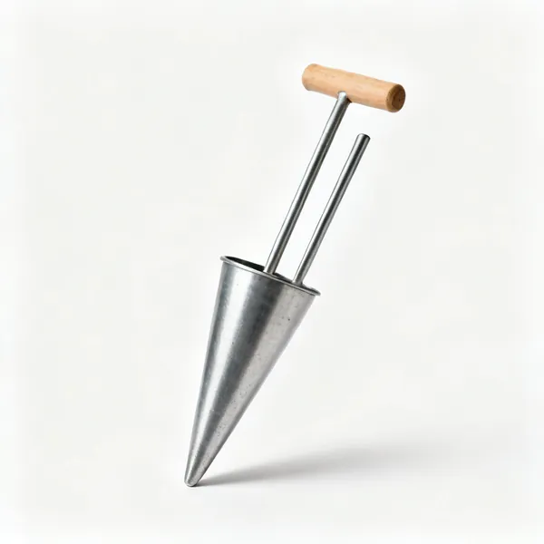 A long handled bulb planter with a tapered steel cylinder and two upright handles