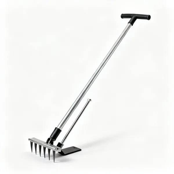 A long handled turf plug lifter with a steel tube, foot bar and ejector rod