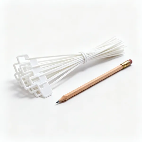 Plant labels and marker: A bundle of white plastic plant labels beside a pencil