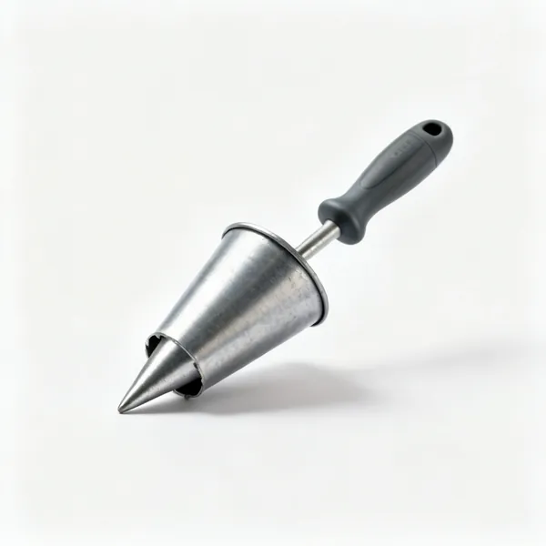 A plug planter, a small tapered steel tube with a moulded handle