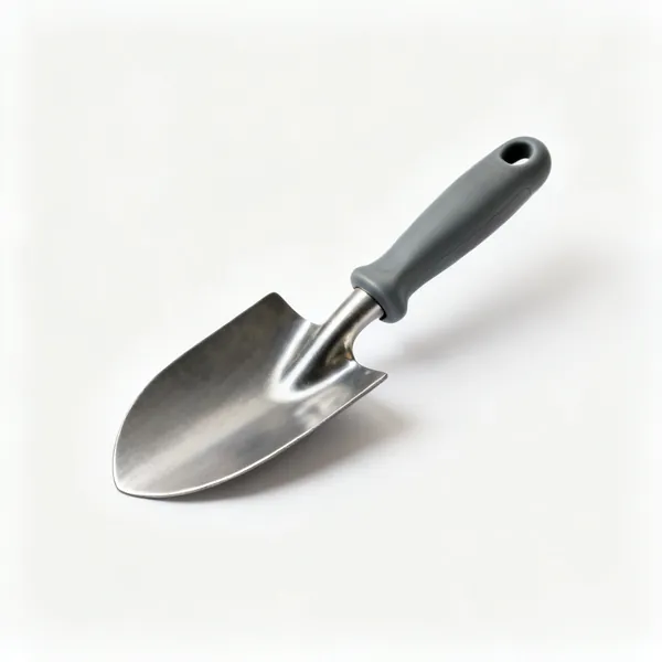 A short wide potting trowel with a deeply scooped steel blade and a moulded handle