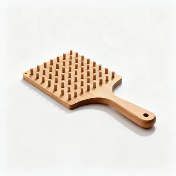 A wooden seed spacing board with a grid of evenly spaced short rounded pegs