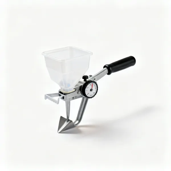 Hand seed sower: A hand held seed sower with a small plastic hopper and an adjustable dial gate