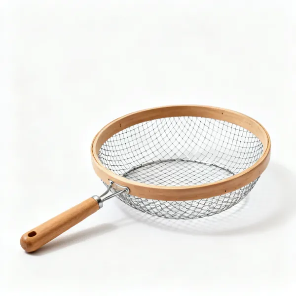 A round garden sieve riddle with a wooden rim and a steel wire mesh base