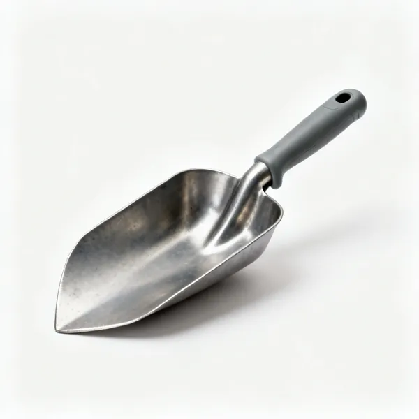 A deep steel soil scoop with high sides, a pointed tip and a moulded handle