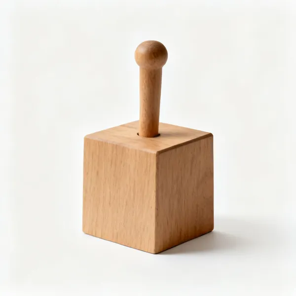 A wooden compost tamper, a flat square block with a short round handle on top