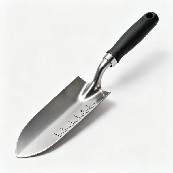 A narrow transplanting trowel with a long deep steel blade with etched depth markings