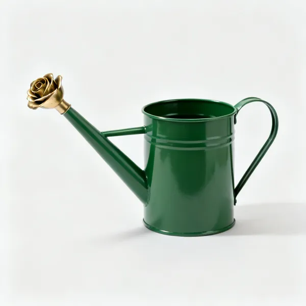 Watering can with rose: A green metal watering can with a long spout and a detachable brass rose head
