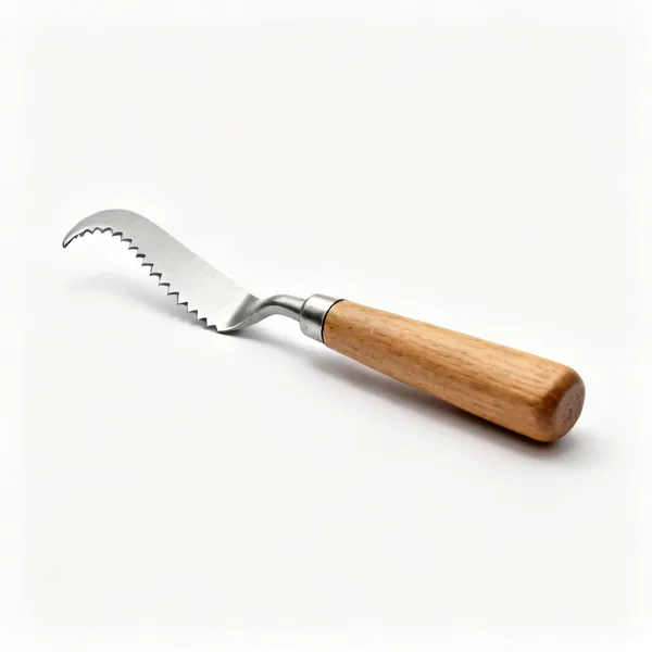 A weeding knife with a hooked notched steel blade and a wooden handle