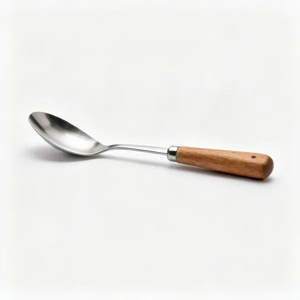 A widger, a narrow curved stainless steel spoon shaped hand tool with a wooden handle