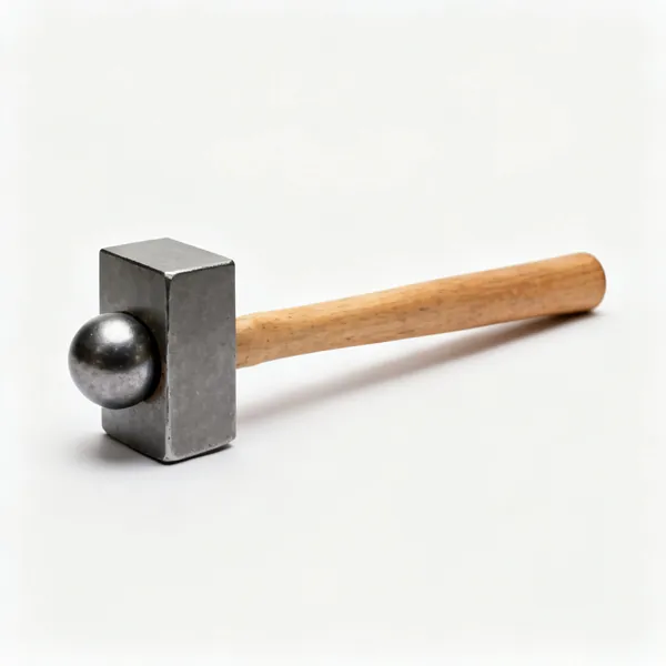 A ball pein hammer with a flat face, rounded pein and a wooden handle