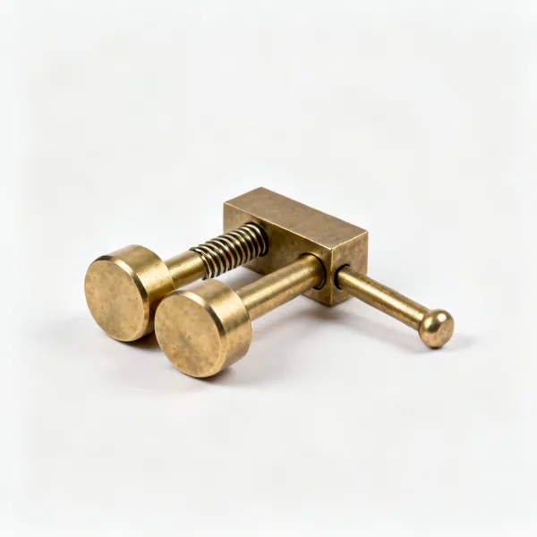 A pair of round brass bench dogs, cylindrical pegs with a spring strip on the side
