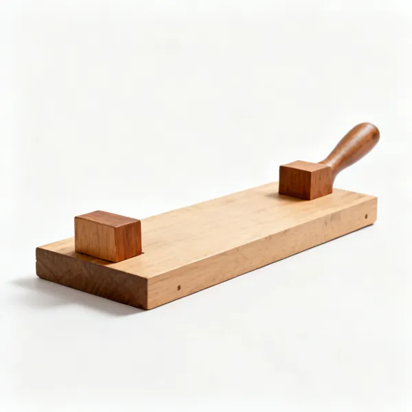 A wooden bench hook, a flat board with a raised wooden stop block at each end on opposite faces