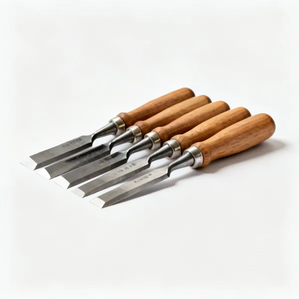Bevel edge chisels: A set of bevel edge wood chisels with wooden handles arranged in a row