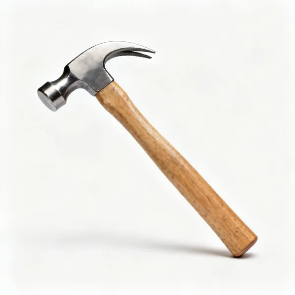 A claw hammer with a steel head, curved claw and a wooden handle
