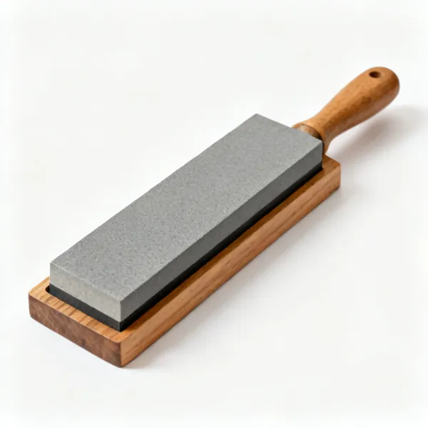 Coarse sharpening stone: A rectangular coarse grey sharpening stone on a wooden base