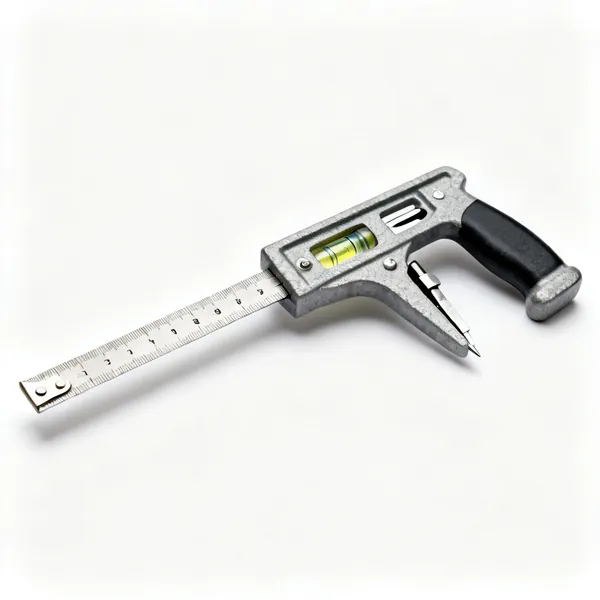 A combination square with a steel rule sliding through a cast head with a spirit level and scriber