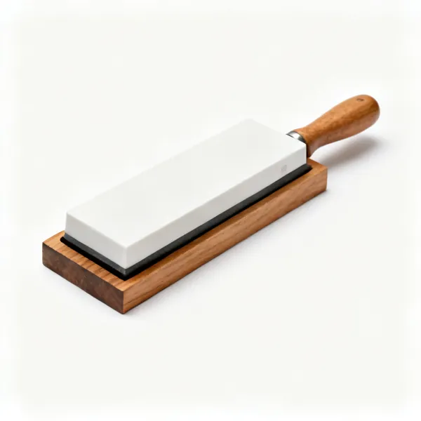 Fine sharpening stone: A rectangular fine white sharpening stone on a wooden base