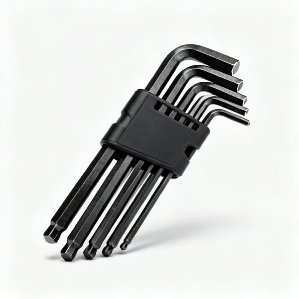 Hex key set: A set of black hex allen keys of graduated sizes fanned out from a holder