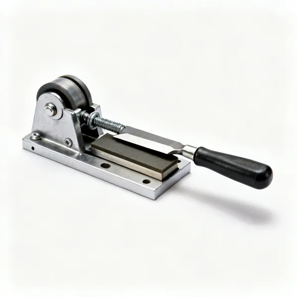 A metal honing guide jig with a roller and clamping screw holding a chisel blade