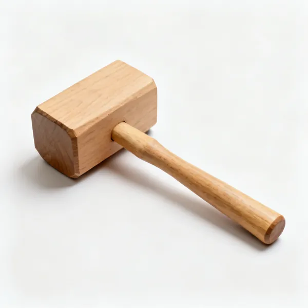Wooden mallet: A wooden carpenters mallet with a large rectangular beech head and a tapered handle