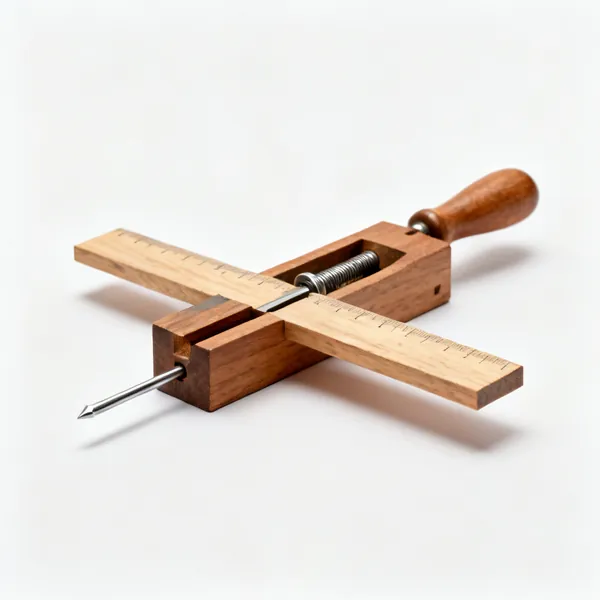 A wooden marking gauge with a beam, sliding fence, thumbscrew and steel marking pin