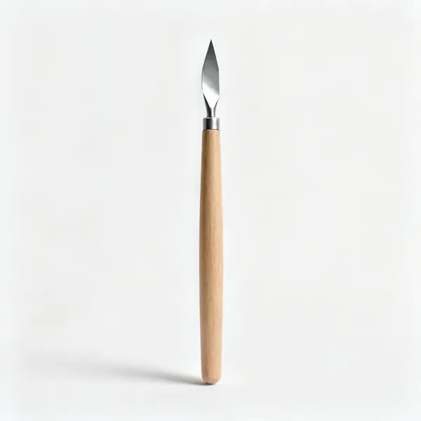 A marking knife with a small pointed single bevel steel blade and a slim wooden handle