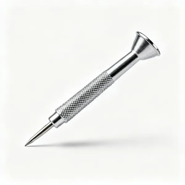 A steel nail punch with a knurled body and a small cupped tip
