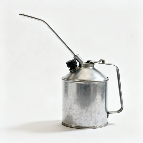 A metal oil can with a long thin curved spout and a thumb pump base