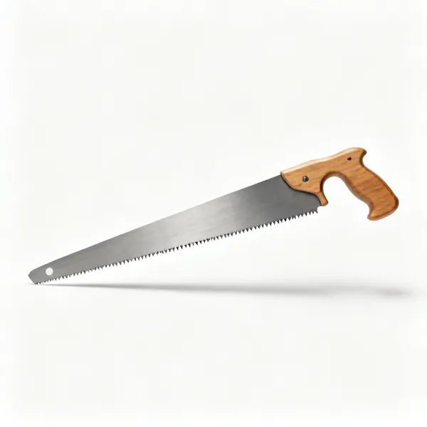 A panel saw with a straight steel blade, fine teeth and a shaped wooden handle