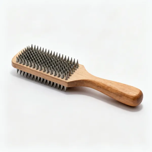 A half round wood rasp with individually raised coarse teeth and a wooden handle