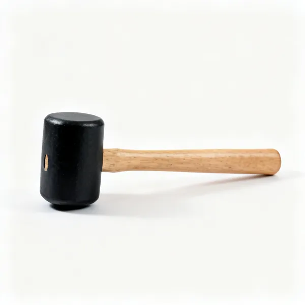 A rubber mallet with a black rubber cylindrical head and a wooden handle