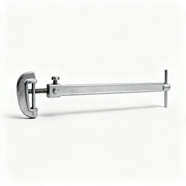 Sash cramps: A long steel sash cramp with a flat bar, screw head and a movable pinned stop