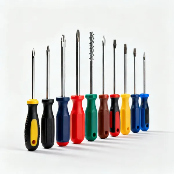 Screwdriver set: A set of screwdrivers with different tip types and coloured moulded handles standing in a row